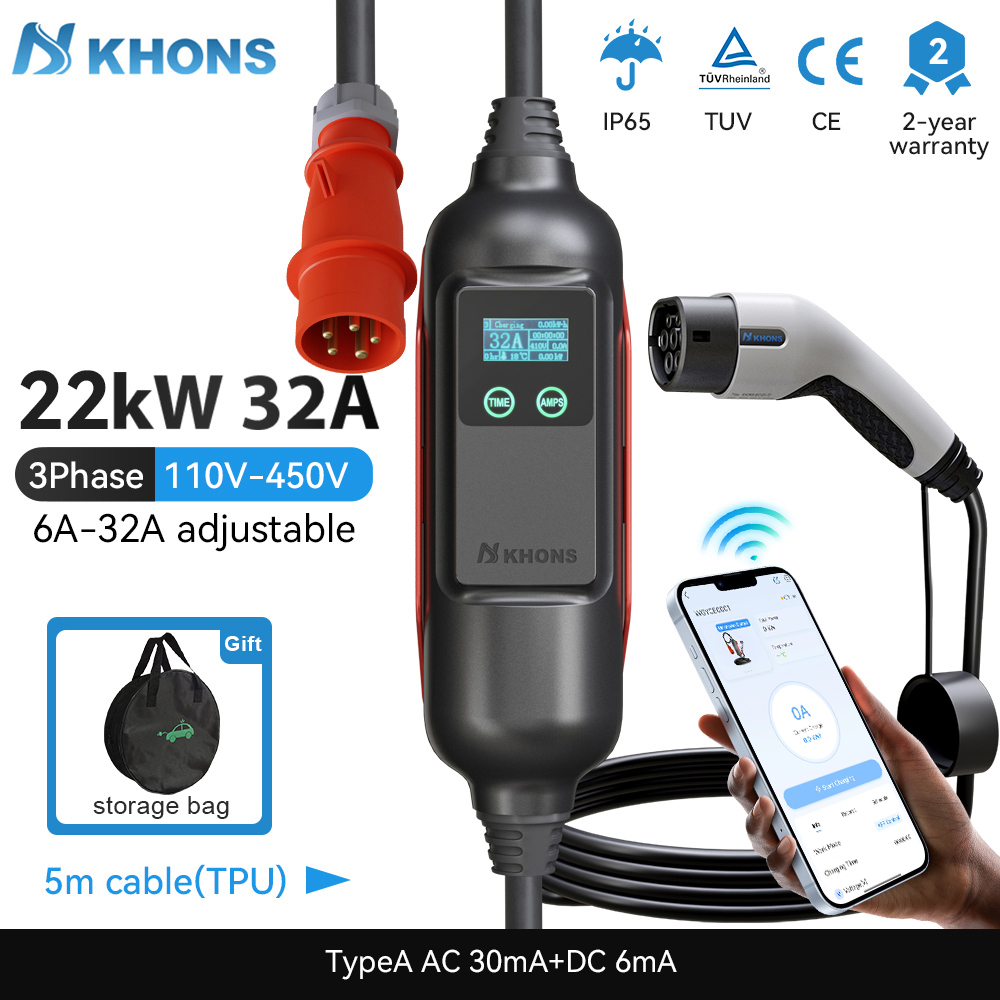 Ev Charger Type 2 22Kw 32A 3 Phase - Khons شاحن EV محمول Type2 32A